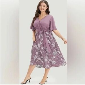 BloomChic Plus Size Floral Patchwork Pocket Belt Surplice Neck Ruffle Hem Dress